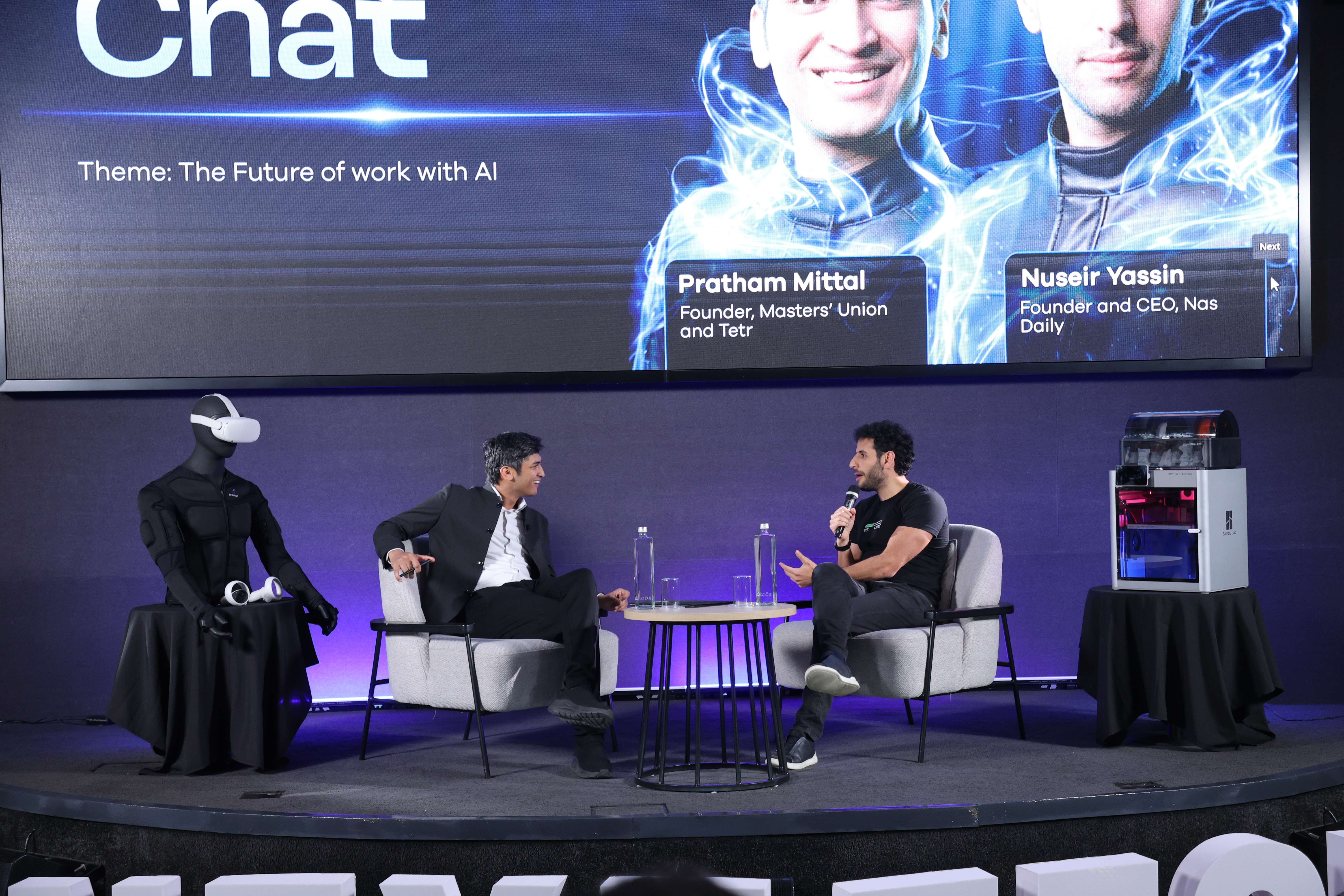 Nas Daily founder Nuseir Yassin and Pratham Mittal discussing AI entrepreneurship and the future of work at Masters' Union in 2026